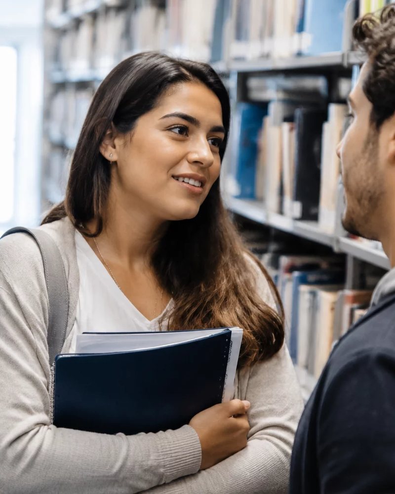 Duas participantes conversando de pé entre as prateleiras de uma biblioteca